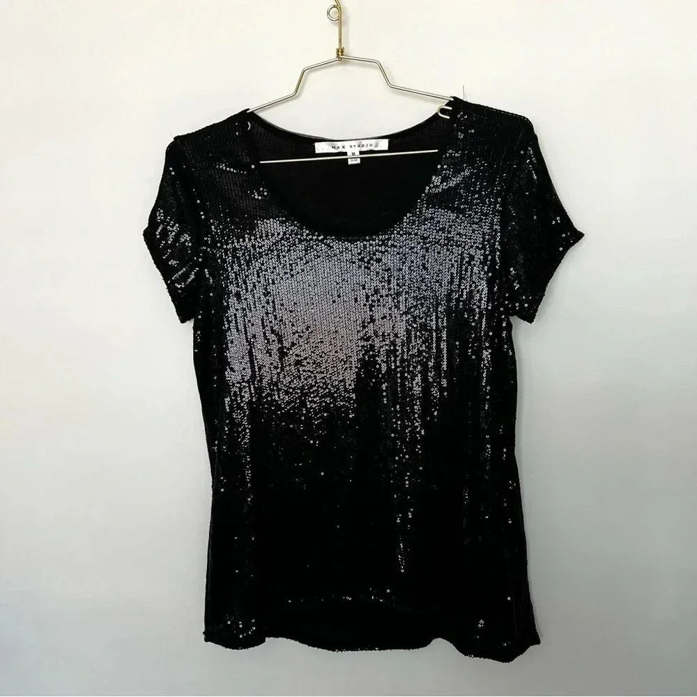 Max Studio Sequin Black Bouse Top Size Medium Short Sleeve Party